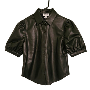Steve Madden NWT Black Faux Leather Pretty Sleeve Button Down Shirt Size XS